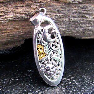 Solid 925 Sterling Silver Steampunk Sun, Moon, & Stars Pendant w 14K Gold Accent